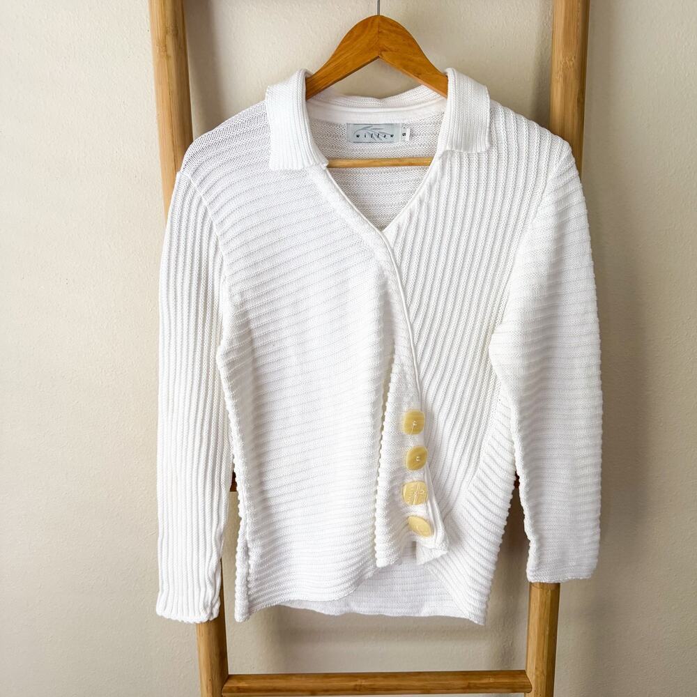 Willow White Rib Knit Wrap V Neck Sweater Button Front Womens Small